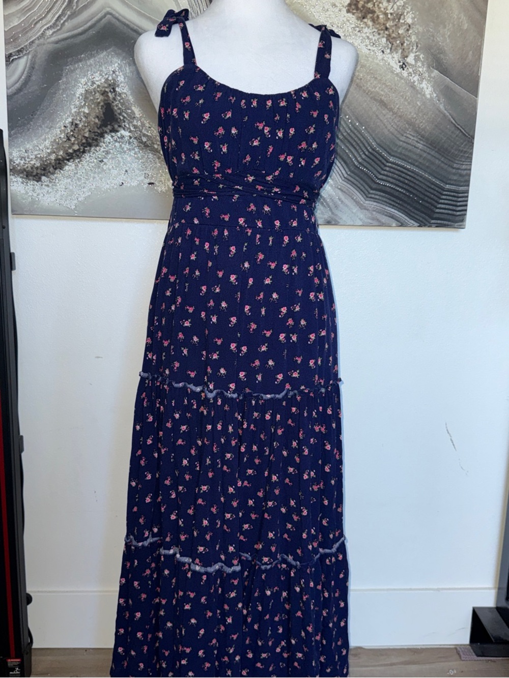 Altar'd State Navy and Pink Floral Tie-Shoulder Maxi Dress